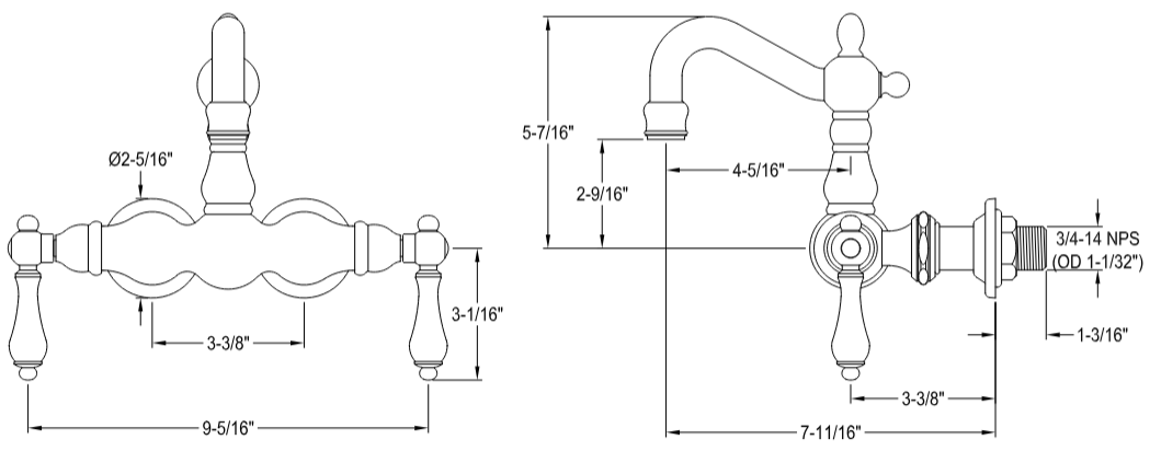 Kingston - Tub Faucets - Vintage CC1001T Two-Handle 2-Hole Tub Wall Mount Clawfoot Tub Faucet