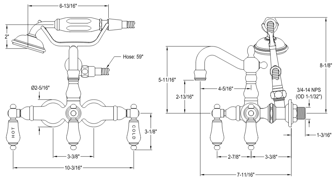 Kingston - Tub Faucets - Vintage CC1011T Three-Handle 2-Hole Tub Wall Mount Clawfoot Tub Faucet with Hand Shower