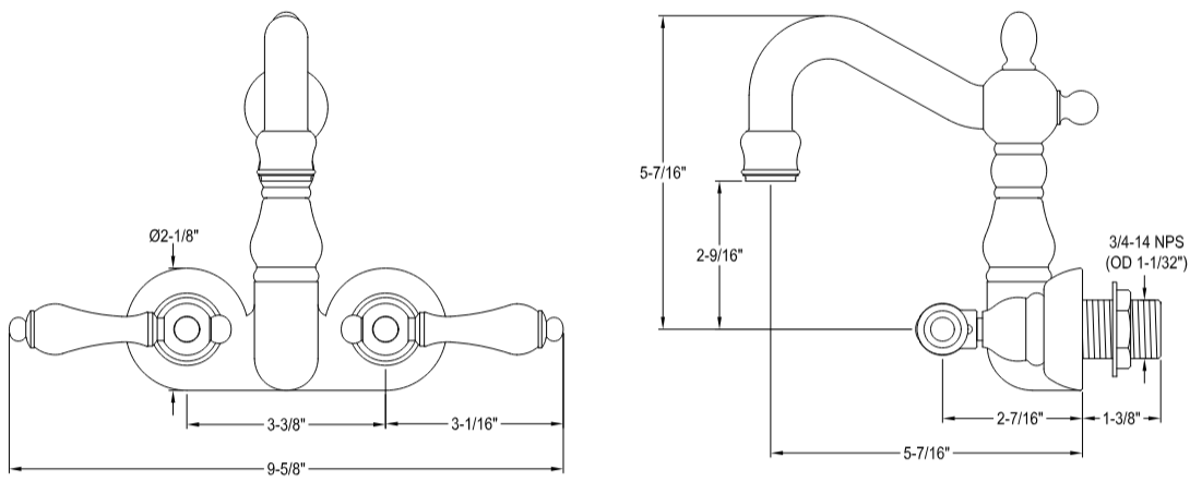 Kingston - Tub Faucets - Vintage CC1071T Two-Handle 2-Hole Tub Wall Mount Clawfoot Tub Faucet