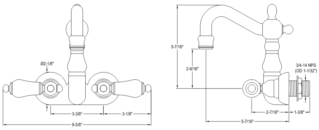 Kingston - Tub Faucets - Vintage CC1075T Two-Handle 2-Hole Tub Wall Mount Clawfoot Tub Faucet