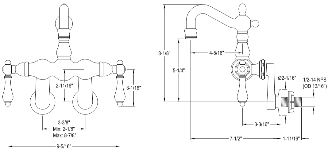 Kingston - Tub Faucets - Vintage CC1081T Two-Handle 2-Hole Tub Wall Mount Clawfoot Tub Faucet
