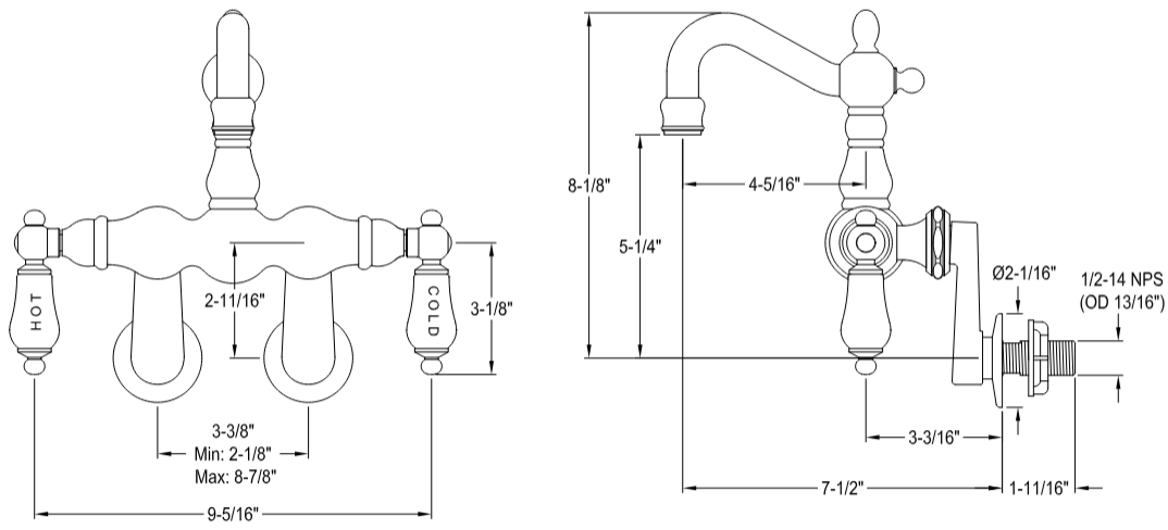 Kingston - Tub Faucets - Vintage CC1086T Two-Handle 2-Hole Tub Wall Mount Clawfoot Tub Faucet
