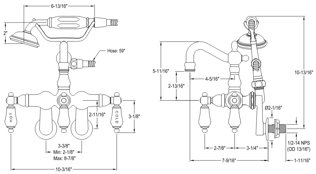 Kingston - Tub Faucets - Vintage CC1303T Three-Handle 2-Hole Tub Wall Mount Clawfoot Tub Faucet with Hand Shower