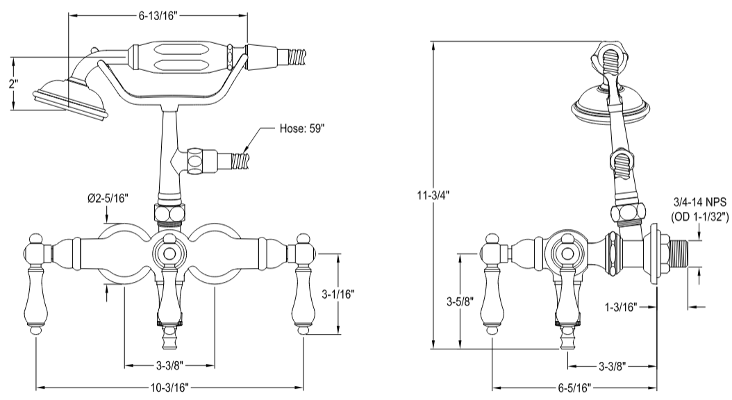 Kingston - Tub Faucets - Vintage CC19T Three-Handle 2-Hole Tub Wall Mount Clawfoot Tub Faucet with Hand Shower
