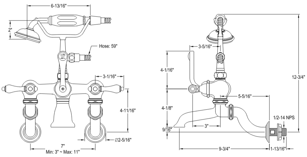 Kingston - Tub Faucets - Vintage CC457T Three-Handle 2-Hole Tub Wall Mount Clawfoot Tub Faucet with Hand Shower