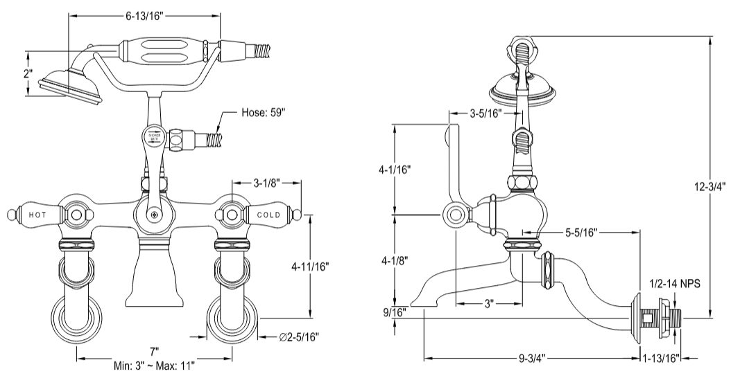 Kingston - Tub Faucets - Vintage CC461T Three-Handle 2-Hole Tub Wall Mount Clawfoot Tub Faucet with Hand Shower
