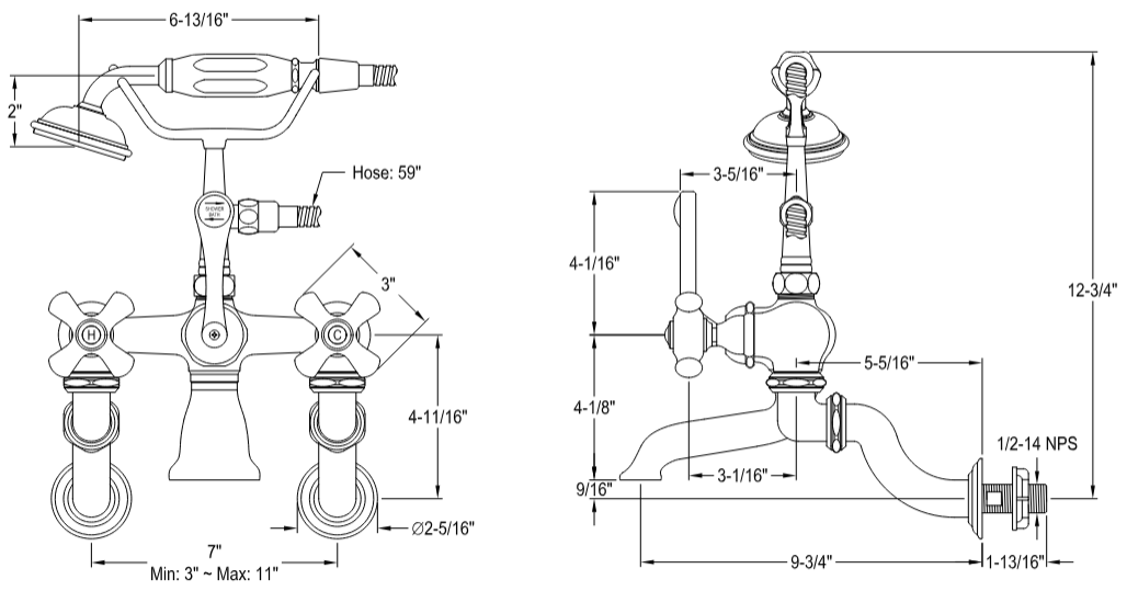 Kingston - Tub Faucets - Vintage CC465T Three-Handle 2-Hole Tub Wall Mount Clawfoot Tub Faucet with Hand Shower