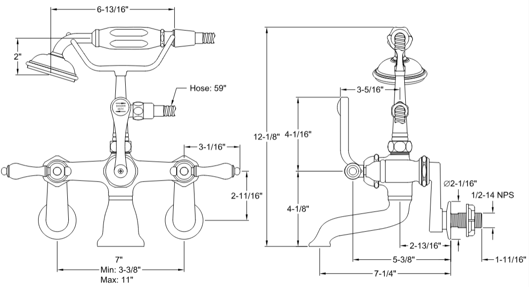 Kingston - Tub Faucets - Vintage CC51T Three-Handle 2-Hole Tub Wall Mount Clawfoot Tub Faucet with Hand Shower