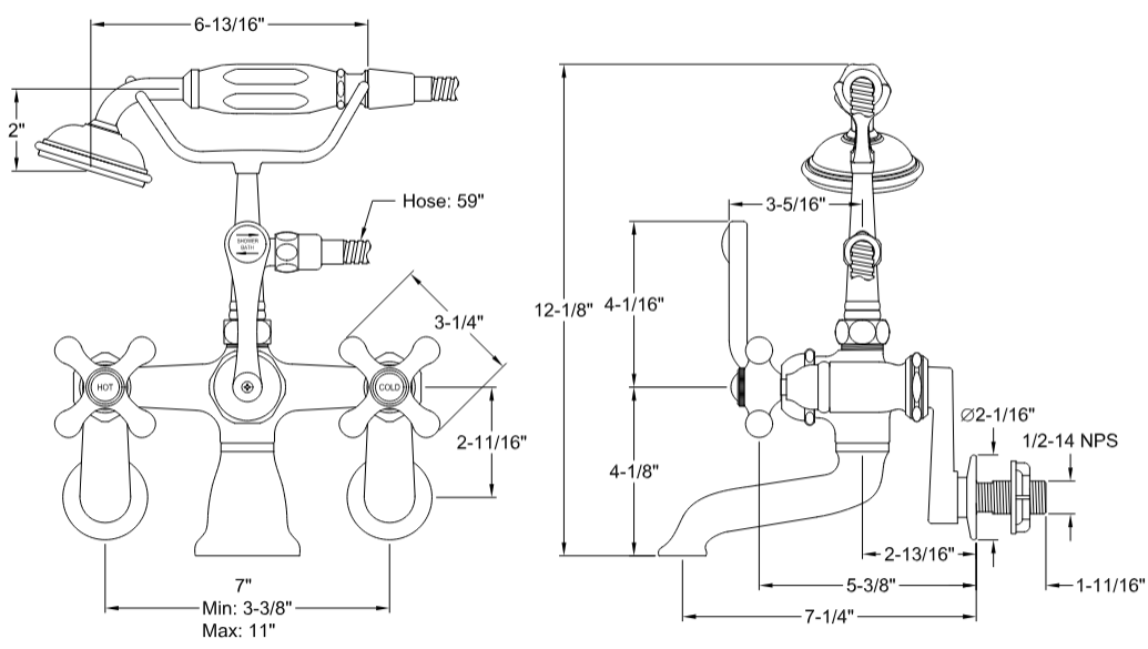 Kingston - Tub Faucets - Vintage CC57T Three-Handle 2-Hole Tub Wall Mount Clawfoot Tub Faucet with Hand Shower