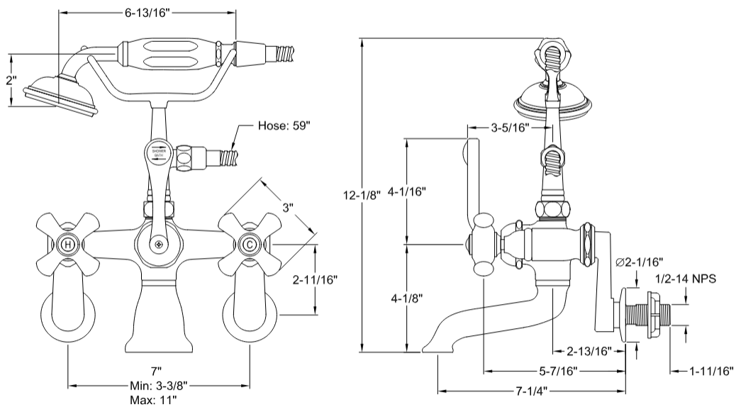 Kingston - Tub Faucets - Vintage CC59T Three-Handle 2-Hole Tub Wall Mount Clawfoot Tub Faucet with Hand Shower