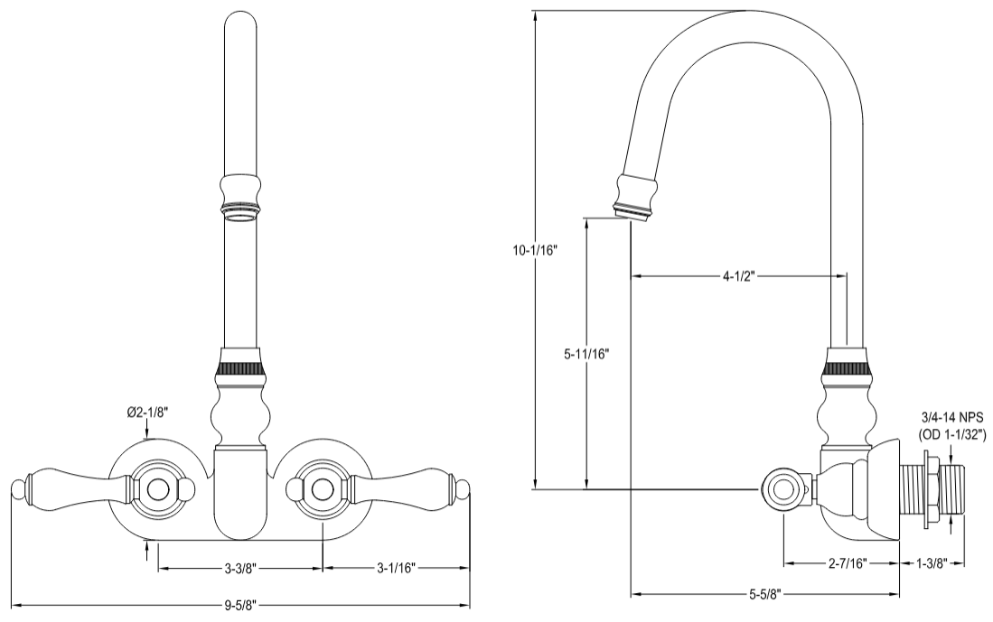 Kingston - Tub Faucets - Vintage CC71T Two-Handle 2-Hole Tub Wall Mount Clawfoot Tub Faucet