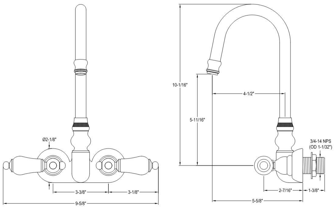 Kingston - Tub Faucets - Vintage CC75T Two-Handle 2-Hole Tub Wall Mount Clawfoot Tub Faucet