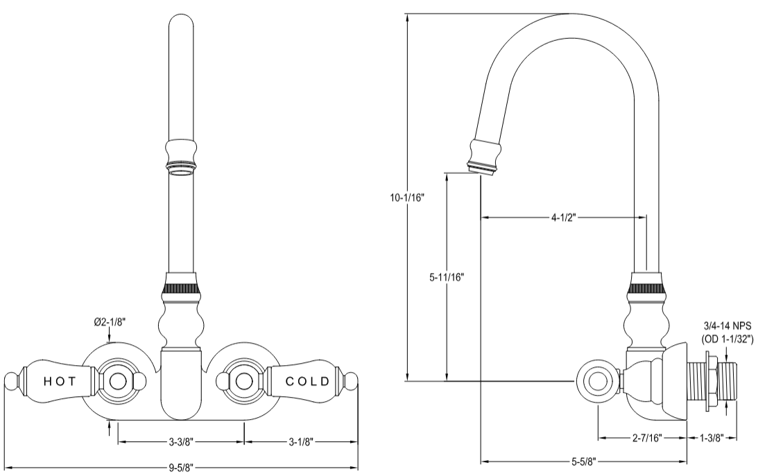 Kingston - Tub Faucets - Vintage CC74T Two-Handle 2-Hole Tub Wall Mount Clawfoot Tub Faucet