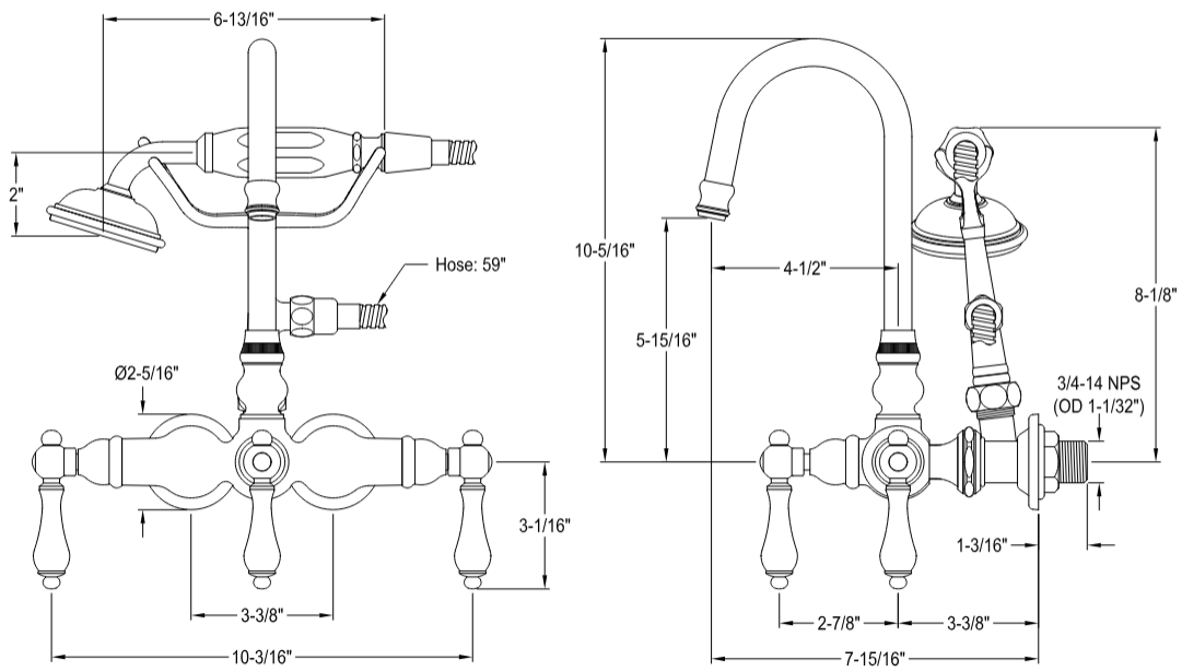 Kingston - Tub Faucets - Vintage CC7T Three-Handle 2-Hole Tub Wall Mount Clawfoot Tub Faucet with Hand Shower