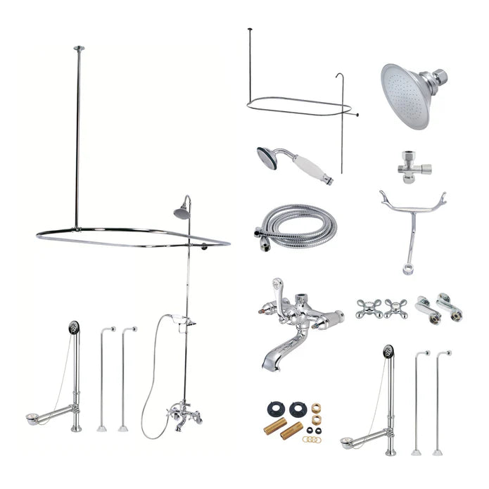 Kingston - Tub Faucets - Vintage CCK114AX Three-Handle 2-Hole Tub Wall Mount Clawfoot Tub Faucet Package with Shower Enclosure and Hand Shower
