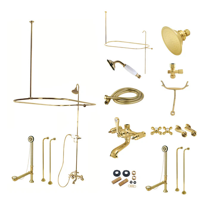 Kingston - Tub Faucets - Vintage CCK114AX Three-Handle 2-Hole Tub Wall Mount Clawfoot Tub Faucet Package with Shower Enclosure and Hand Shower