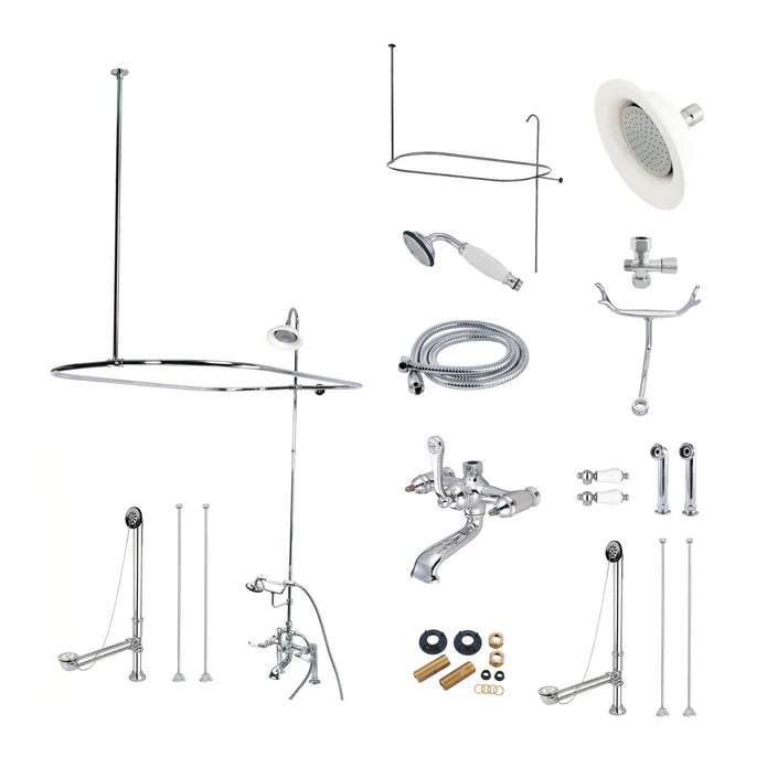 Kingston - Tub Faucets - Vintage CCK117DPL Three-Handle 2-Hole Deck Mount Clawfoot Tub Faucet Package with Shower Enclosure and Hand Shower