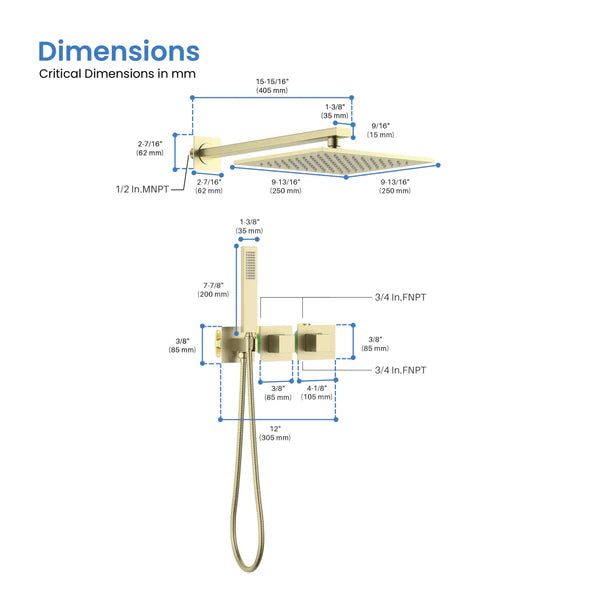 Casa Fixtures - Shower Faucets - Quadra 2-Function Thermostatic Wall Mount Shower System With Rough-in Valve (CSF-4014)