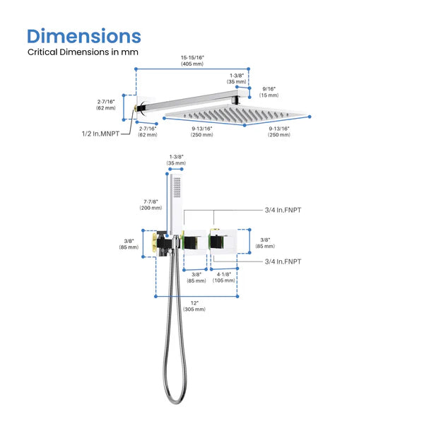 Casa Fixtures - Shower Faucets - Quadra 2-Function Thermostatic Wall Mount Shower System With Rough-in Valve (CSF-4014)