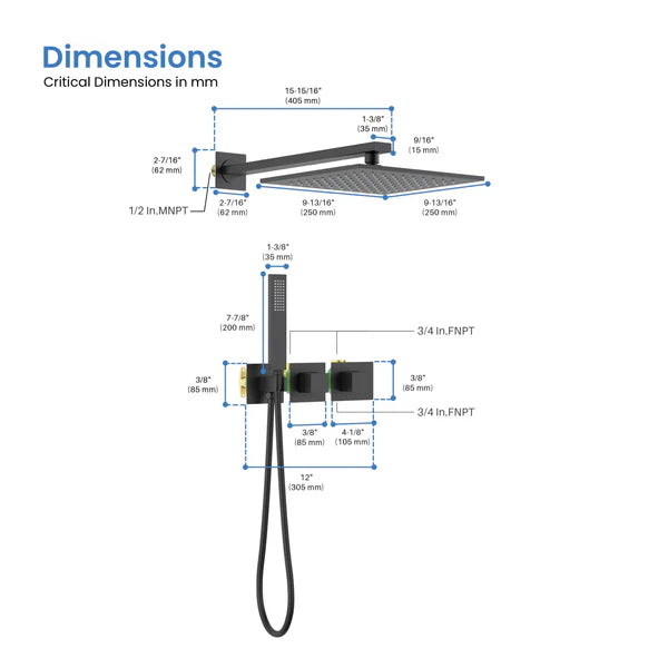 Casa Fixtures - Shower Faucets - Quadra 2-Function Thermostatic Wall Mount Shower System With Rough-in Valve (CSF-4014)