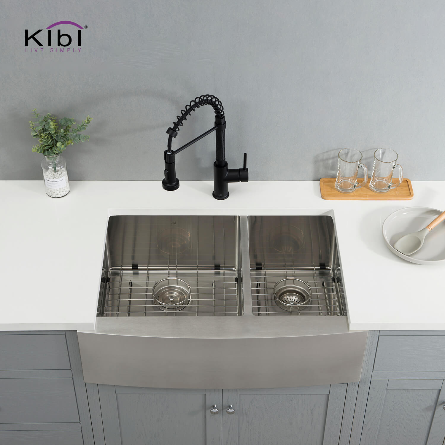 KIBI 33″ Handcrafted Farmhouse Apron Double Bowl Stainless Steel Kitchen Sink K1-DF33