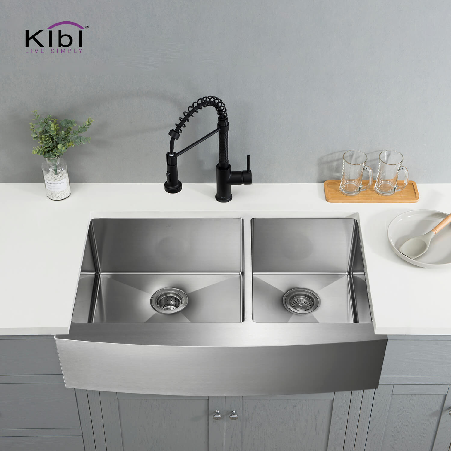 KIBI 36″ Handcrafted Farmhouse Apron Double Bowl Stainless Steel Kitchen Sink K1-DF36