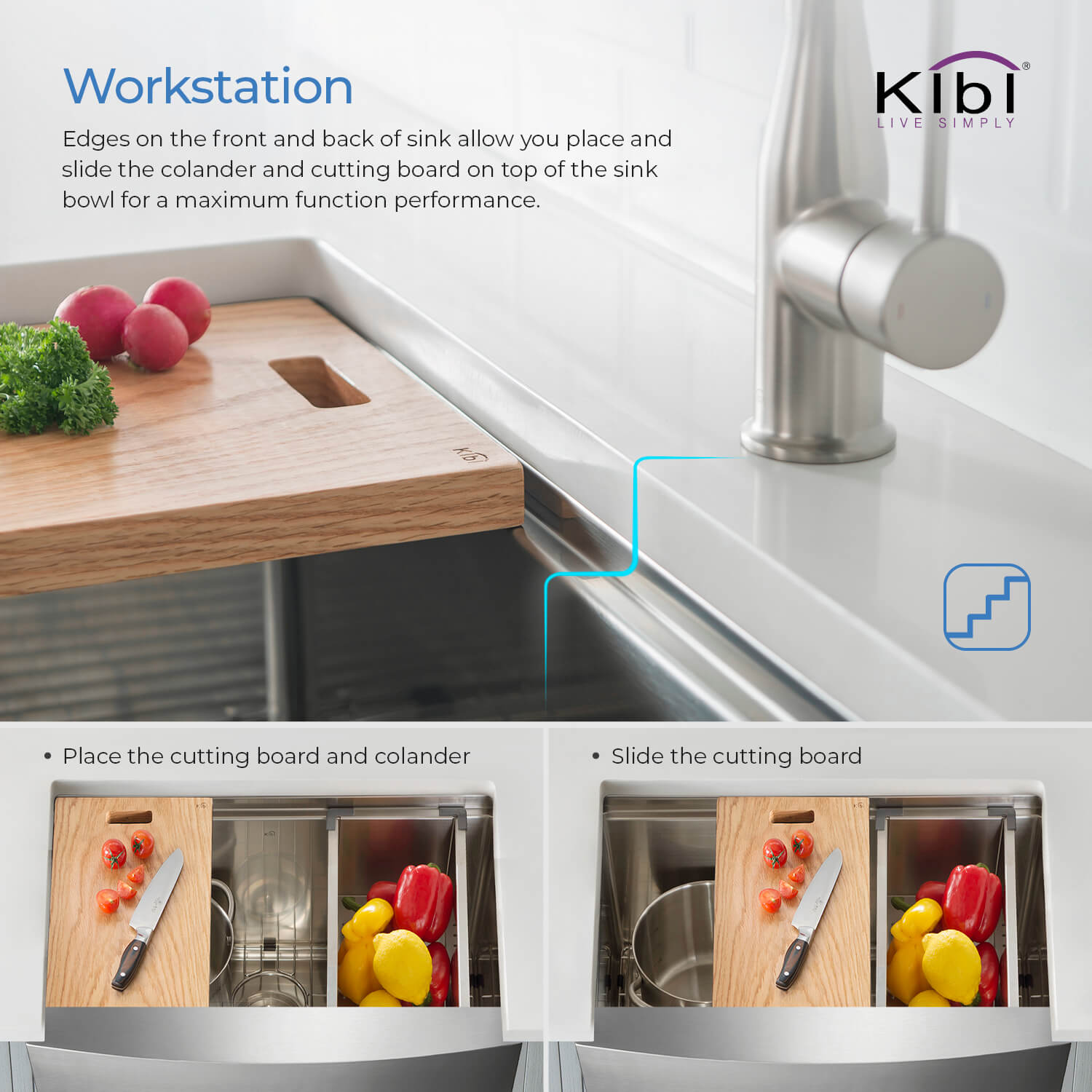 KIBI 30″ Undermount Single Bowl Stainless Steel Kitchen Sink Work Station K1-SF30T