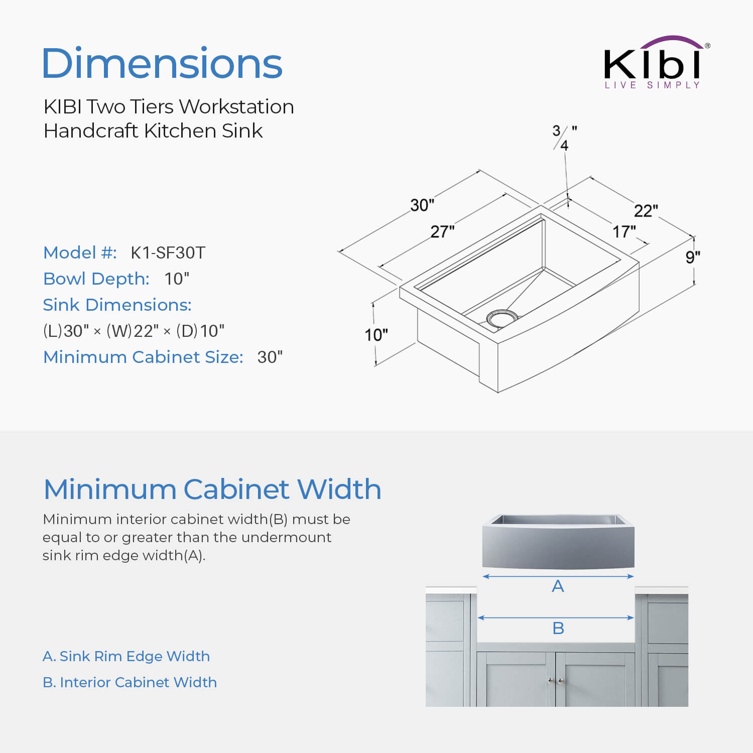 KIBI 30″ Undermount Single Bowl Stainless Steel Kitchen Sink Work Station K1-SF30T