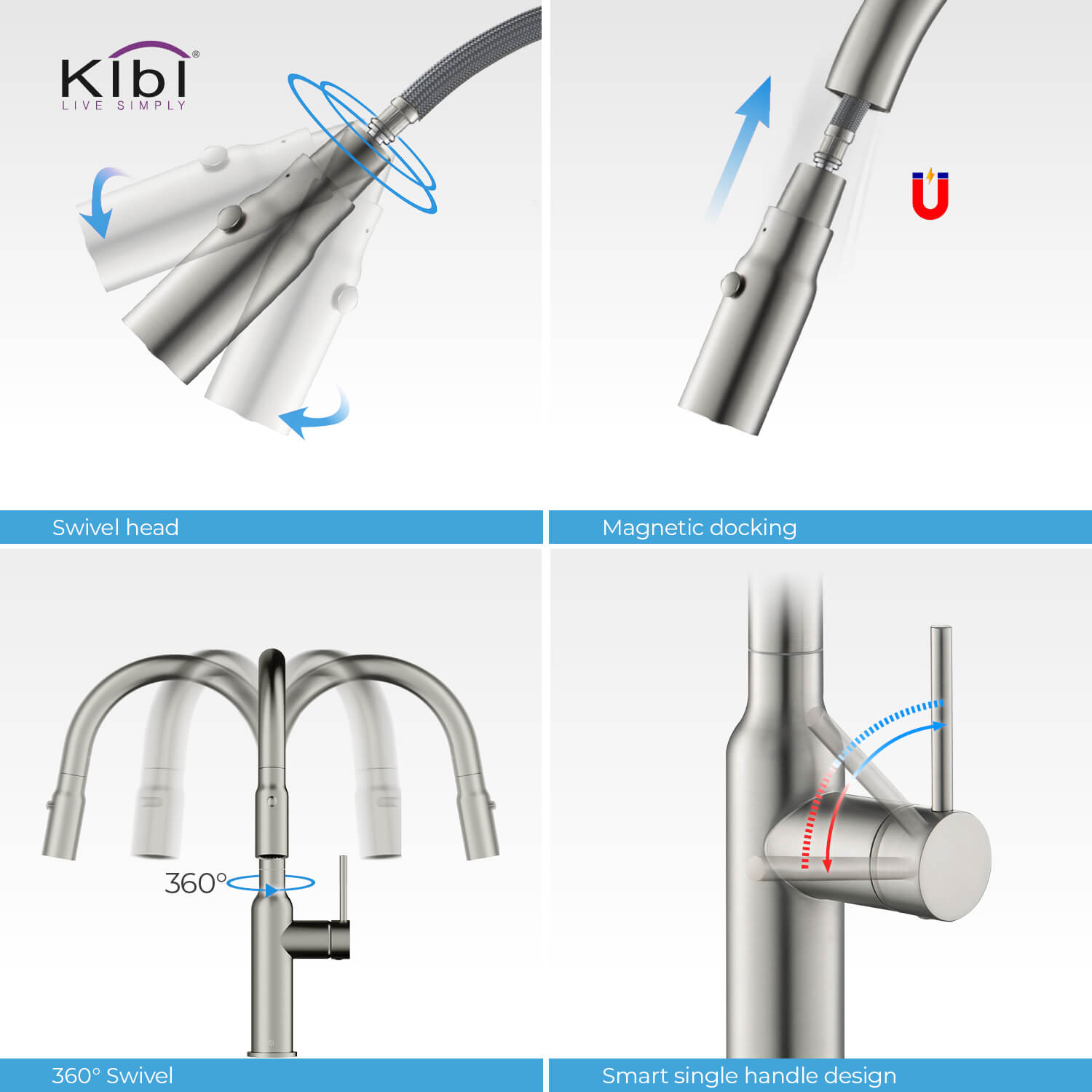 KIBI - Hilo Single Handle High Arc Pull Down Kitchen Faucet – KKF2008