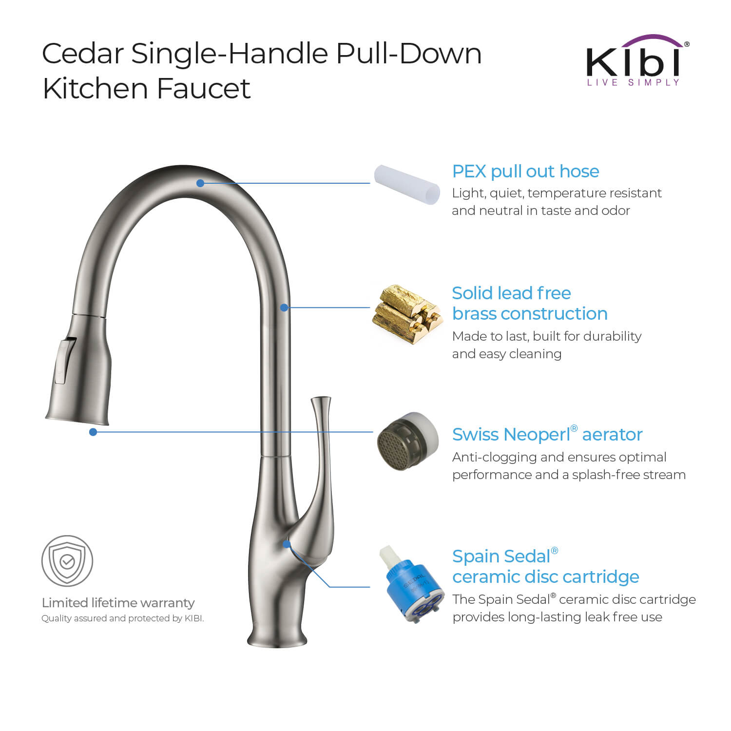 KIBI - Cedar Single Handle High Arc Pull Down Kitchen Faucet – KKF2010