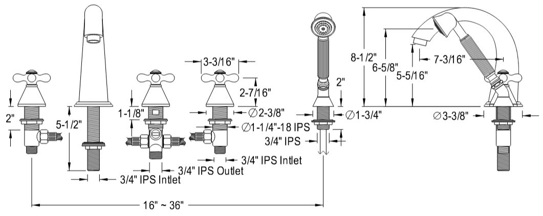 Kingston - Tub Faucets - Roman KS2365AX Three-Handle 5-Hole Deck Mount Roman Tub Faucet with Hand Shower