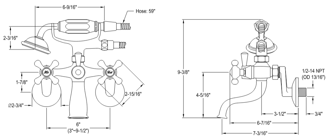 Kingston - Tub Faucets - KS266 Three-Handle 2-Hole Tub Wall Mount Clawfoot Tub Faucet with Hand Shower