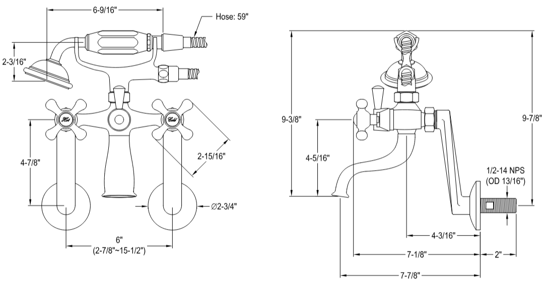 Kingston - Tub Faucets - KS269 Three-Handle 2-Hole Tub Wall Mount Clawfoot Tub Faucet with Hand Shower