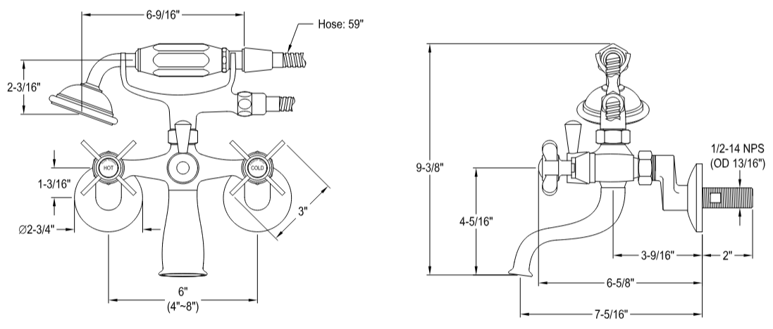Kingston - Tub Faucets - KS285 Three-Handle 2-Hole Tub Wall Mount Clawfoot Tub Faucet with Hand Shower