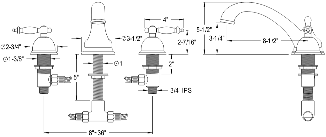 Kingston - Tub Faucets - Vintage KS335TL Two-Handle 3-Hole Deck Mount Roman Tub Faucet