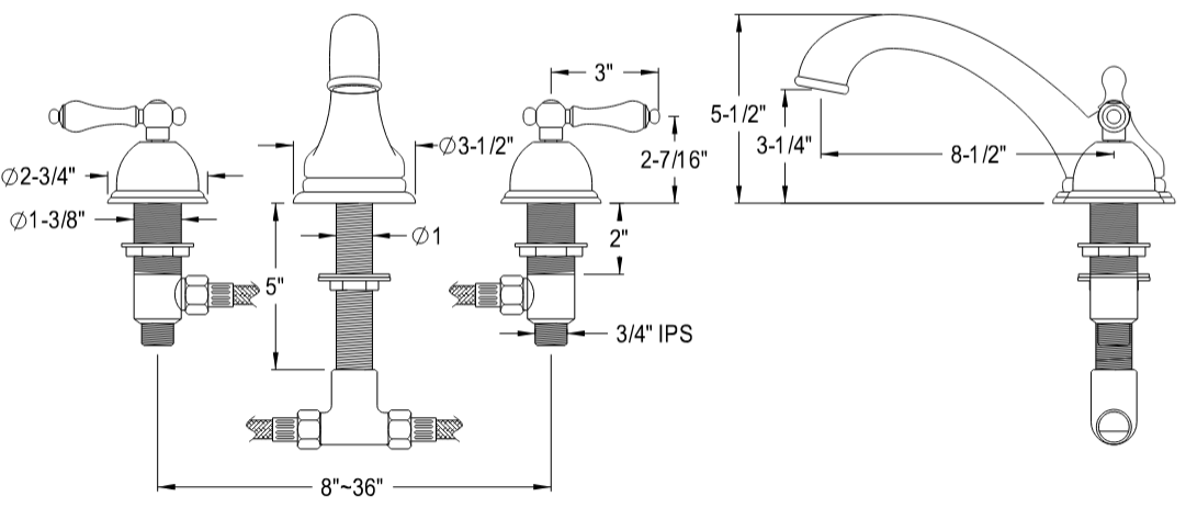 Kingston - Tub Faucets - Vintage KS335AL Two-Handle 3-Hole Deck Mount Roman Tub Faucet