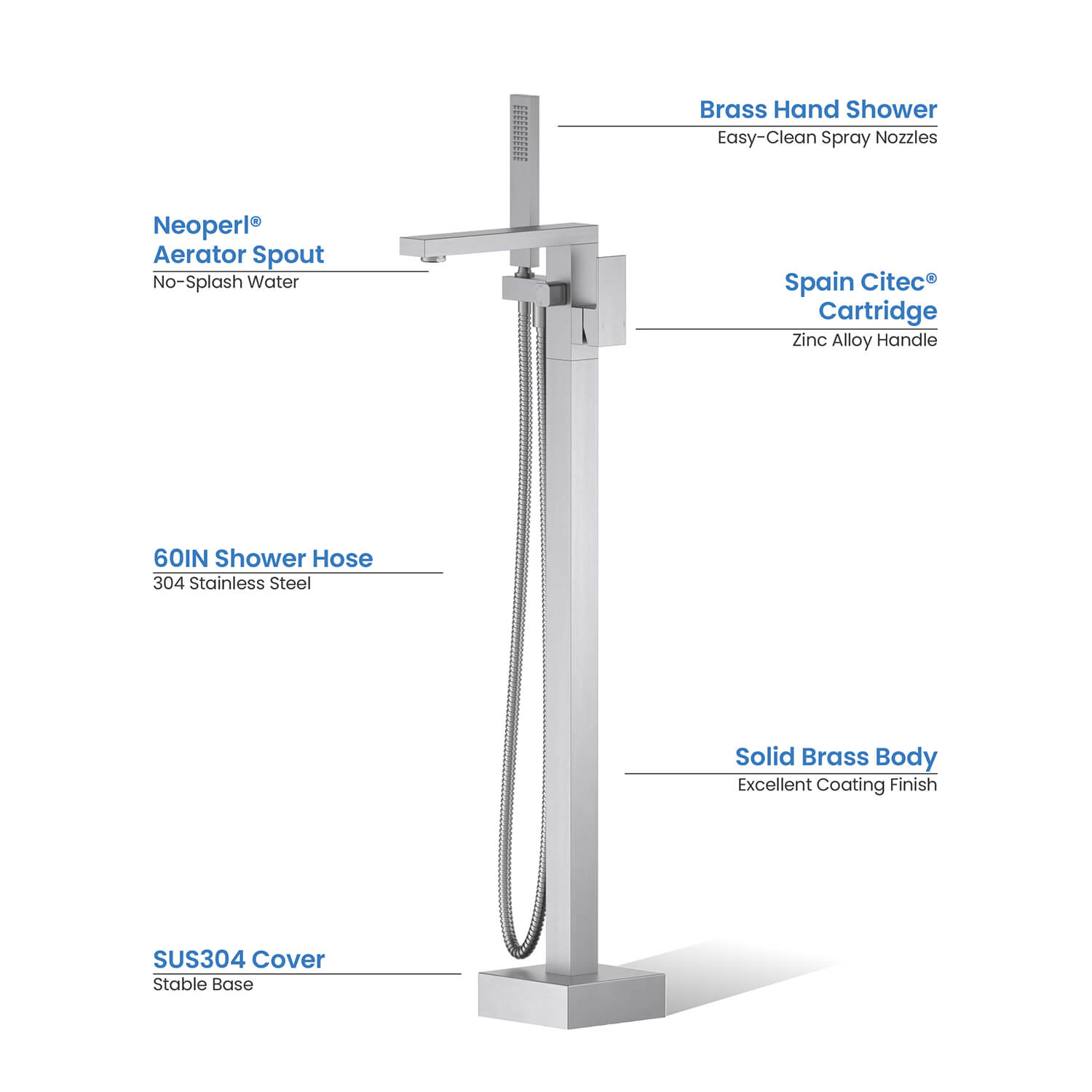 KIBI Cube Single Handle Floor Mounted Freestanding Tub Filler With Hand Shower - KTF302