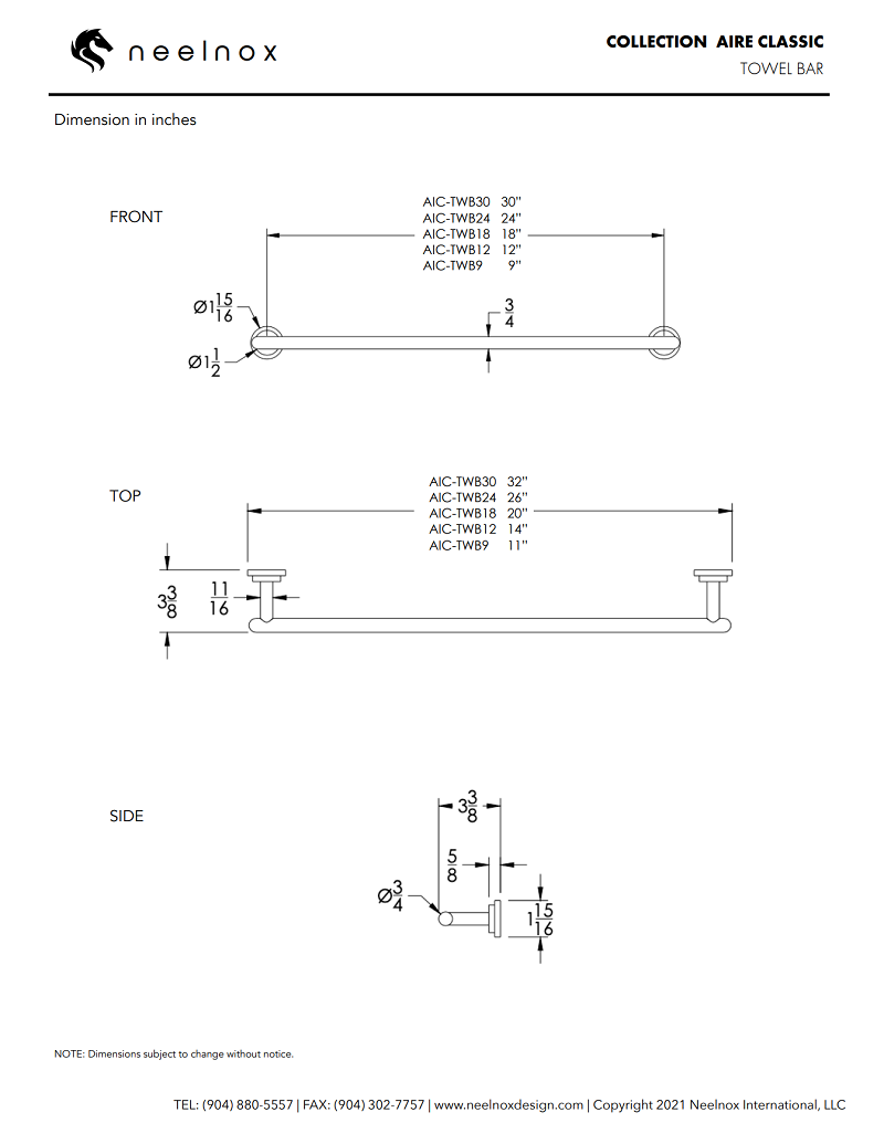 Neelnox - Collection Aire Classic - Tower Bar 9" - AIC-TWB9