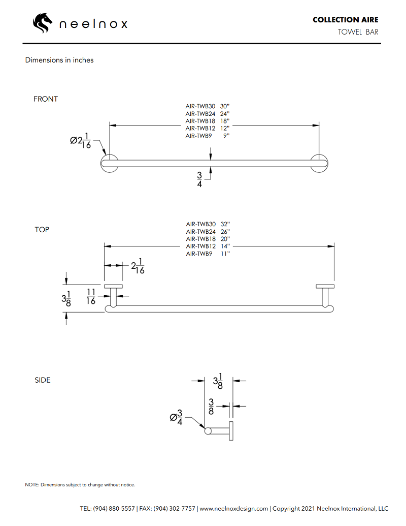 Neelnox - Collection Aire - Tower Bar 12" - AIR-TWB12