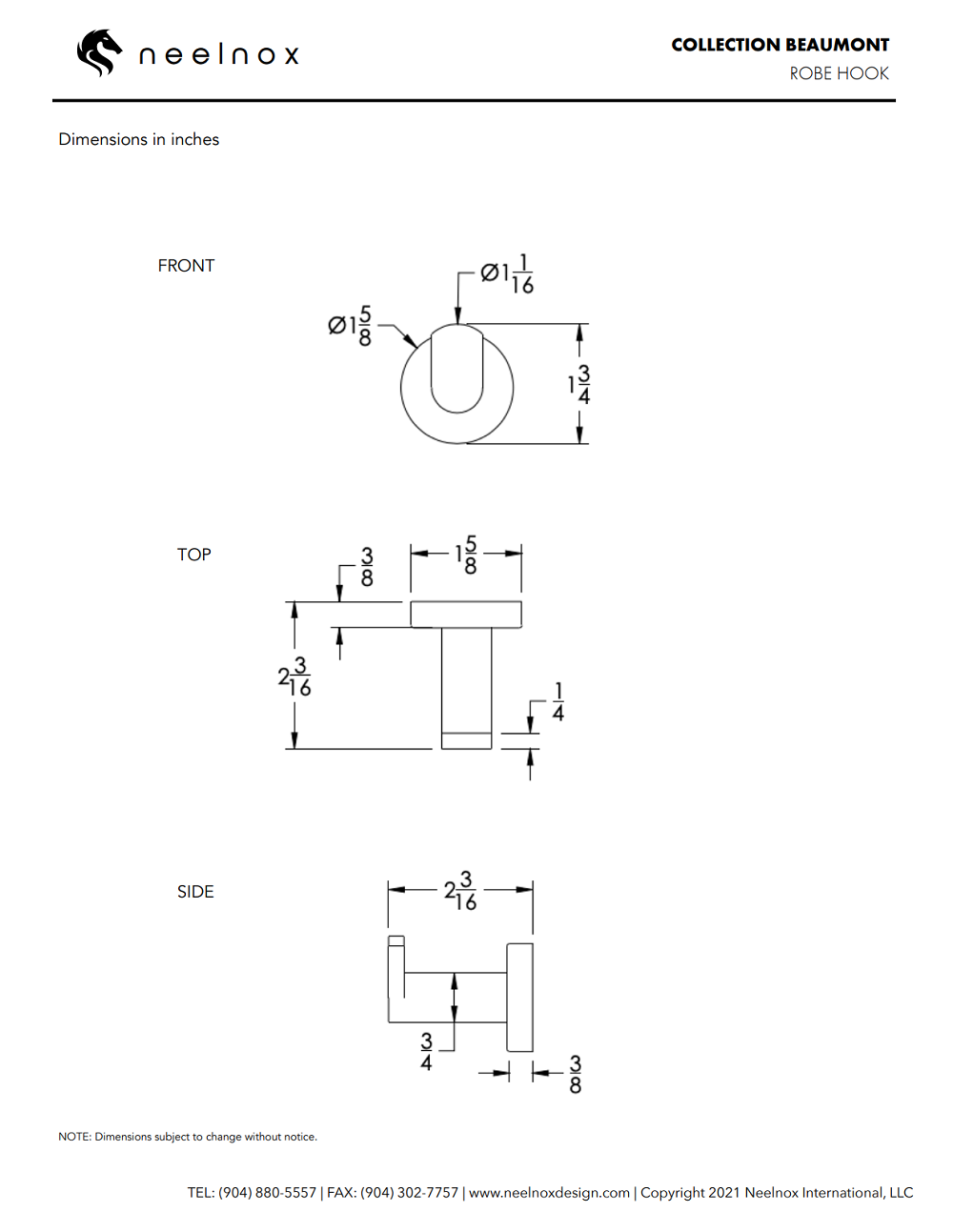 Neelnox - Collection Beaumont - Robe Hook Single - BEA-RHS1