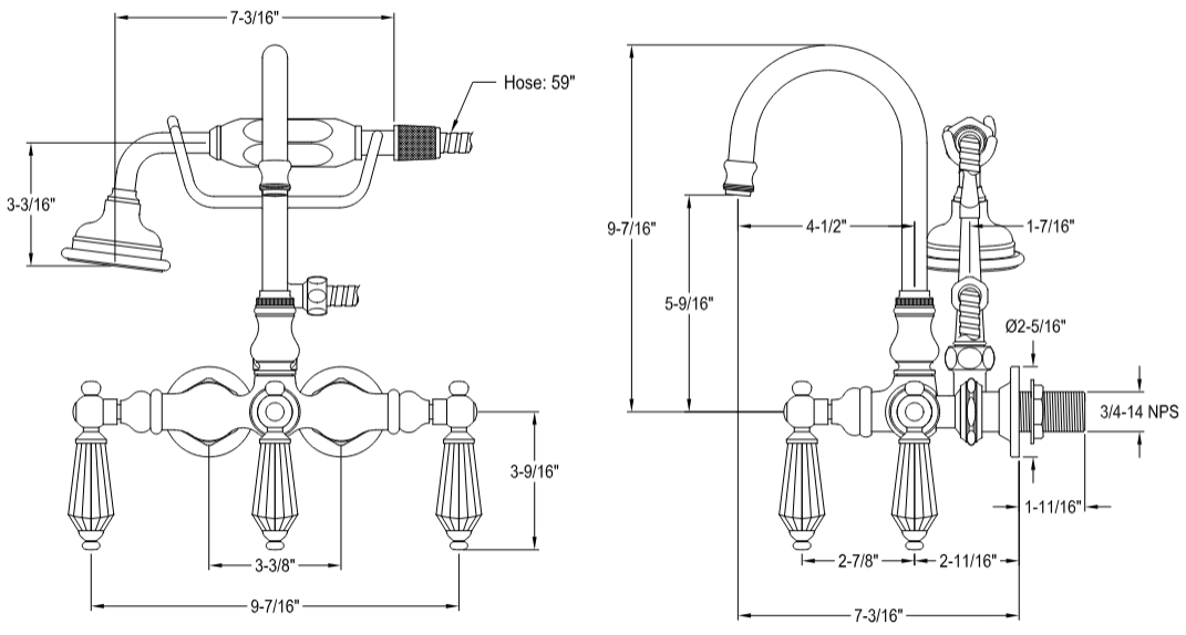 Kingston - Tub Faucets - Wilshire AE7TWLL Three-Handle 2-Hole Tub Wall Mount Clawfoot Tub Faucet with Hand Shower