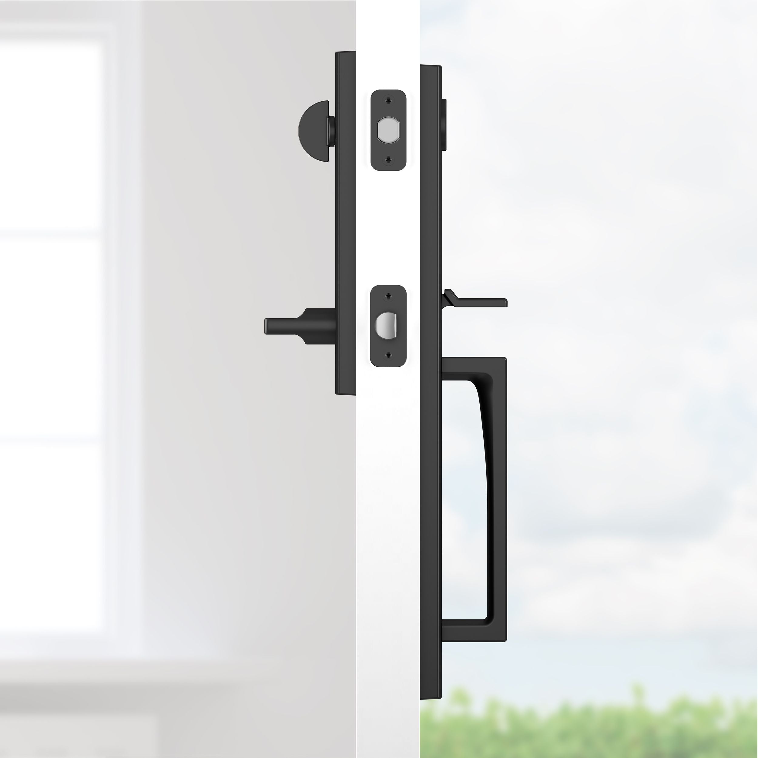 Baldwin - Reserve Collection - Tubular Entry Handlesets - Santa Cruz Full Escutcheon Emergency Egress Handleset w/ Square Lever & Contemporary Square Rose