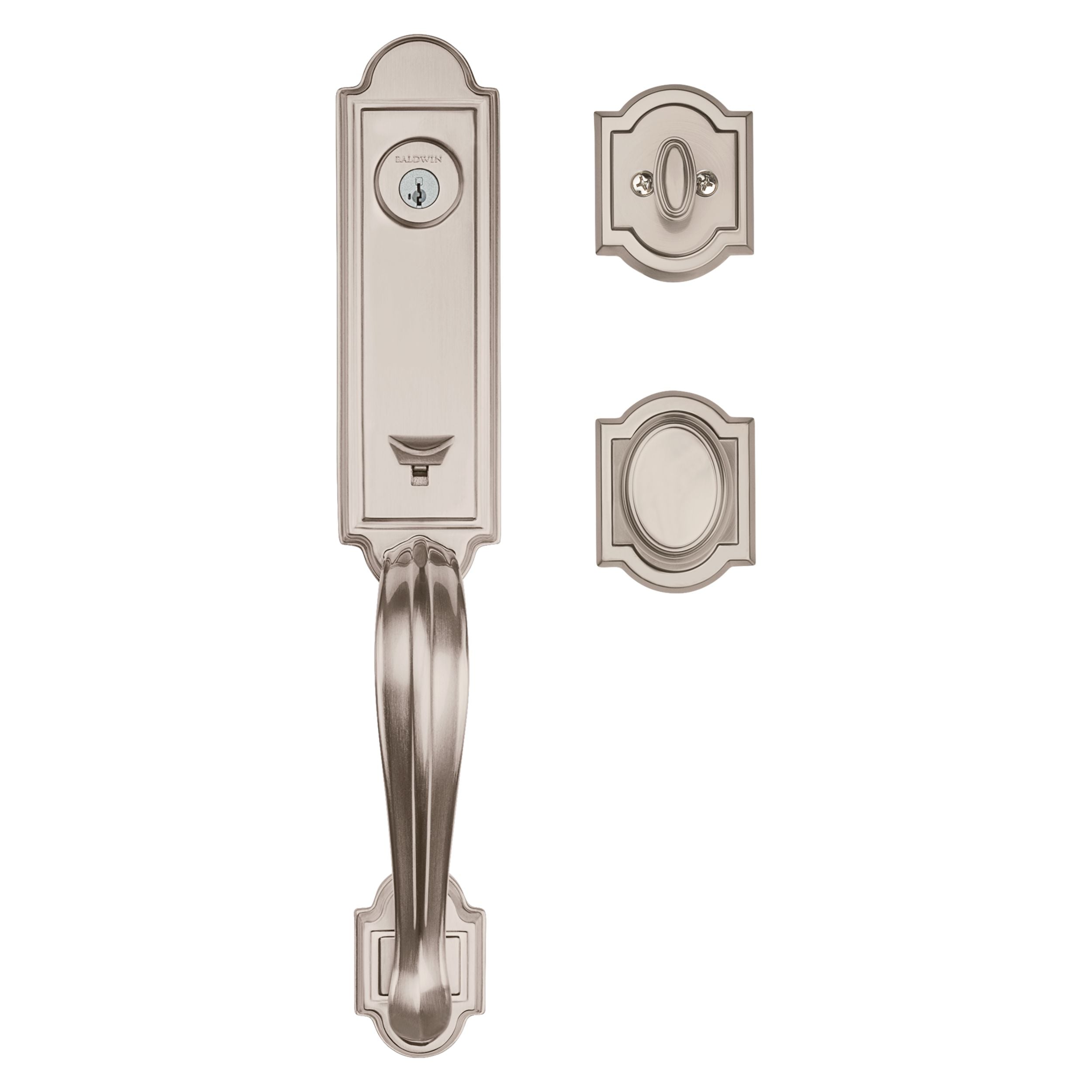 Baldwin - Prestige Collection - Tubular Entry Handlesets - Avendale (AEH) 3/4 Escutcheon Handleset w/ Carnaby Knob In Satin Nickel