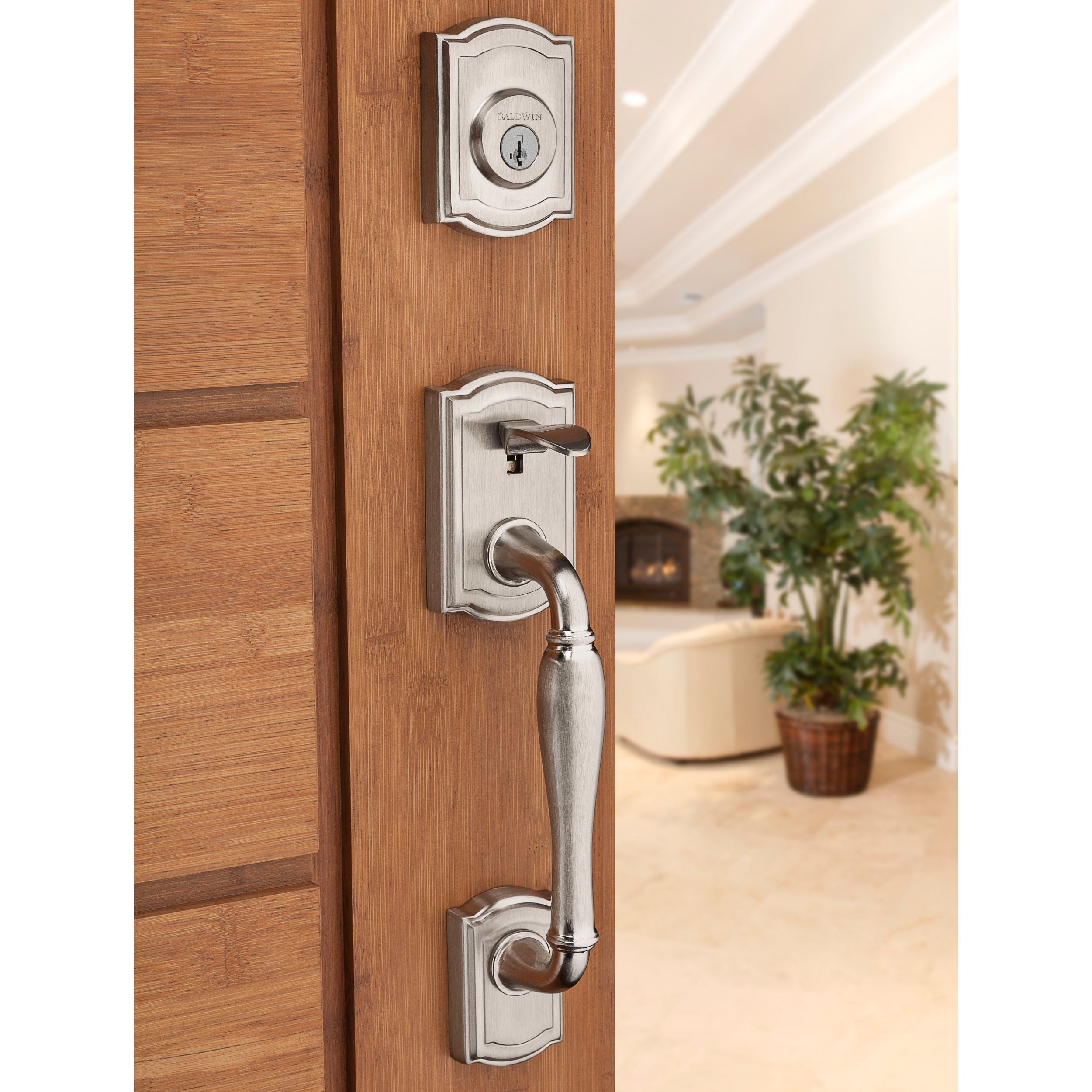 Baldwin - Prestige Collection - Tubular Entry Handlesets - Wesley (WYH) Sectional Handleset w/ Carnaby Knob In Satin Nickel