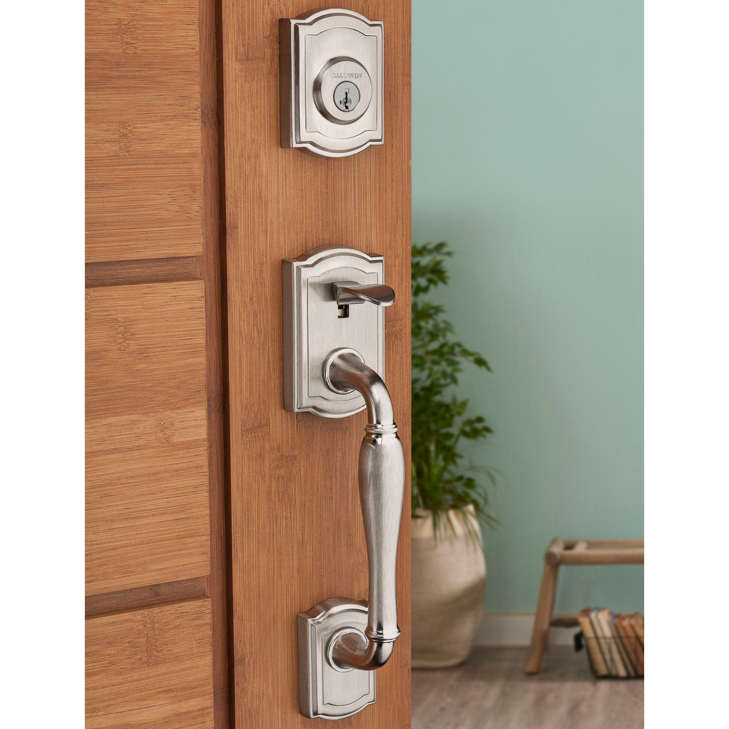 Baldwin - Prestige Collection - Tubular Entry Handlesets - Wesley (WYH) Sectional Handleset w/ Carnaby Knob In Satin Nickel