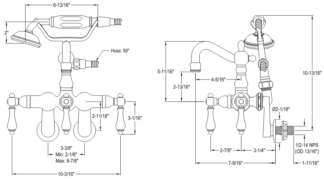 Kingston - Tub Faucets - Vintage CC1301T Three-Handle 2-Hole Tub Wall Mount Clawfoot Tub Faucet with Hand Shower