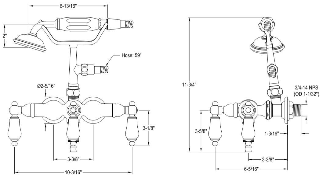 Kingston - Tub Faucets - Vintage CC23T Three-Handle 2-Hole Tub Wall Mount Clawfoot Tub Faucet with Hand Shower
