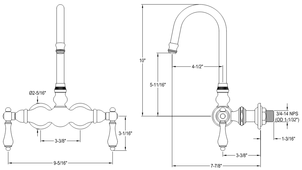 Kingston - Tub Faucets - Vintage CC1T Two-Handle 2-Hole Tub Wall Mount Clawfoot Tub Faucet