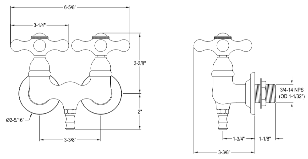 Kingston - Tub Faucets - Vintage CC37T Two-Handle 2-Hole Tub Wall Mount Clawfoot Tub Faucet