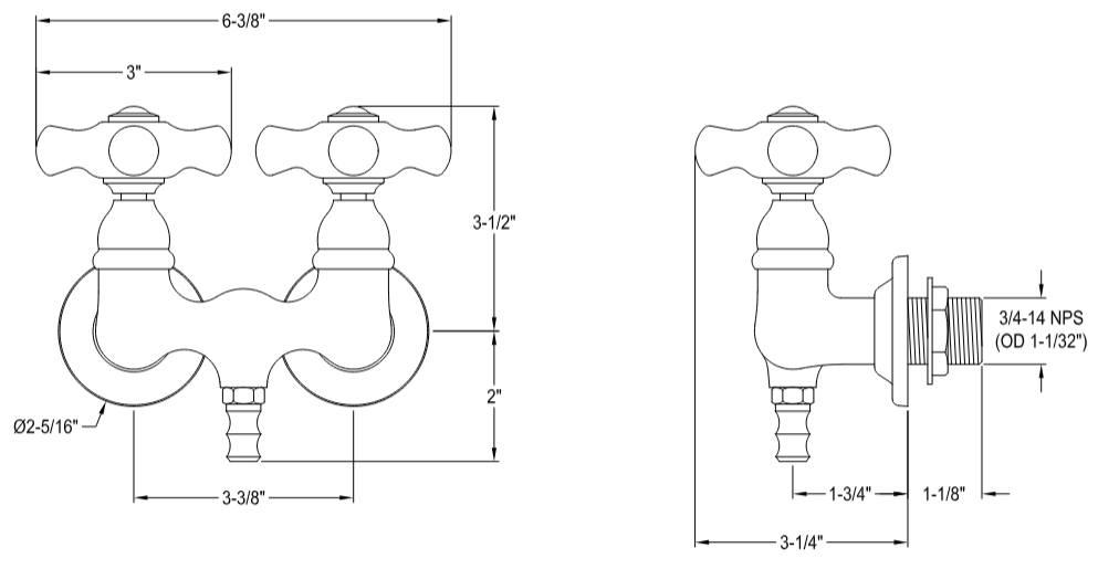 Kingston - Tub Faucets - Vintage CC39T Two-Handle 2-Hole Tub Wall Mount Clawfoot Tub Faucet